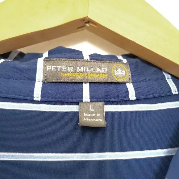 PETER MILLAR Summer Comfort Golf Polo Shirt Blue Striped Performance Large Logo - Picture 6 of 6